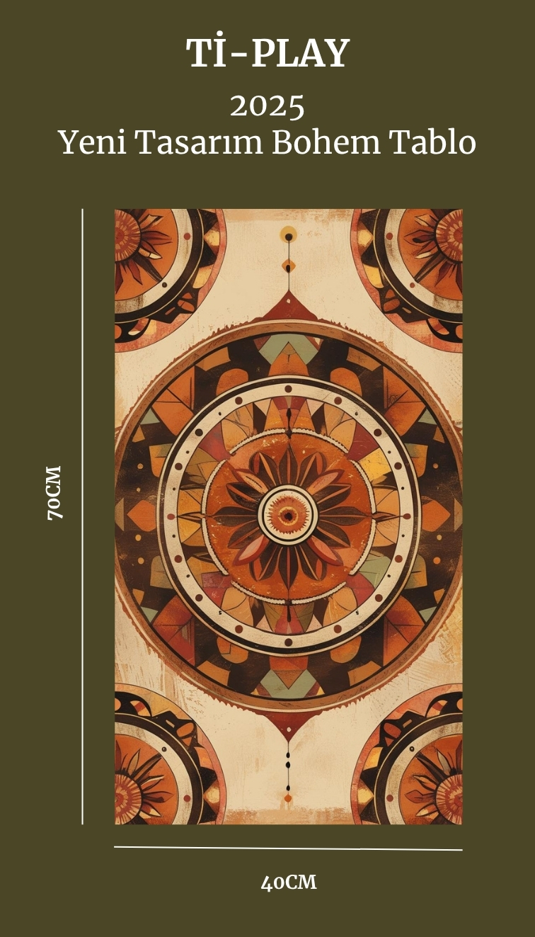 BOHEM TABLO DAİRESEL SİMETRİ GEOMETRİK SICAK RENKLER VİNTAGE BOHEM DUVAR SANATI ÇERÇEVESİZ TABLO