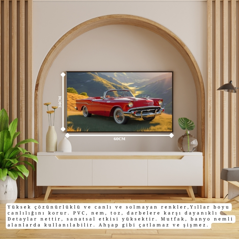 OTOMOBİL TEMALI KIRMIZI KLASİK ÜSTÜ AÇILIR ÇERÇEVESİZ PVC TABLO 60X34 CM