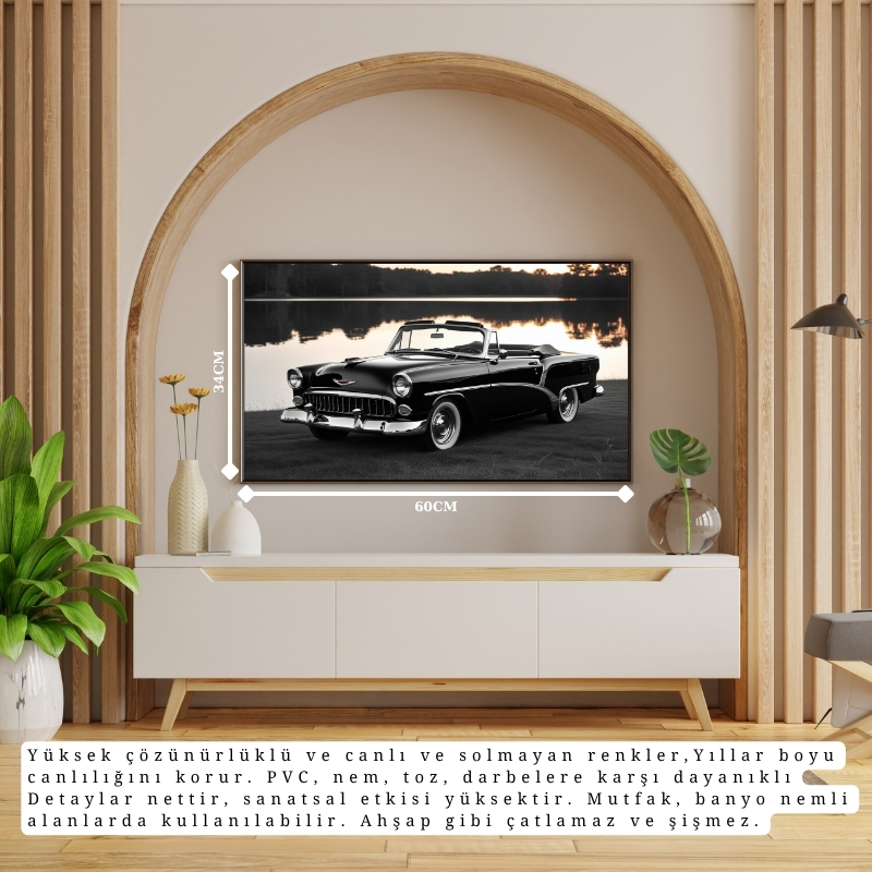 OTOMOBİL TEMALI GÖL KENARINDA KLASİK ÇERÇEVESİZ PVC TABLO 60X34 CM
