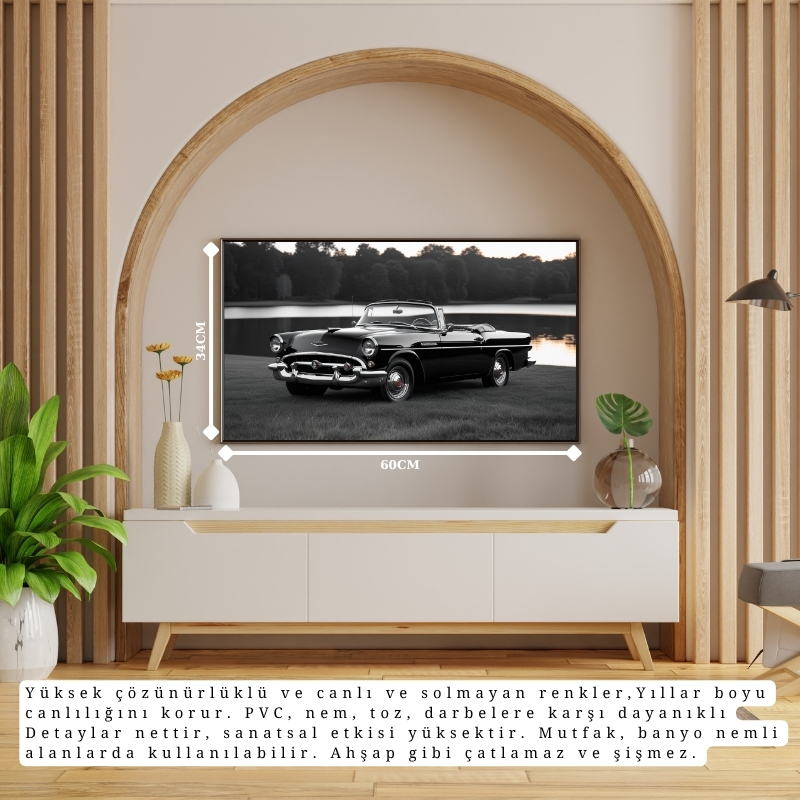 OTOMOBİL TEMALI GÖL VE DOĞA İÇİNDE SİYAH KLASİK ÇERÇEVESİZ PVC TABLO 60X34 CM