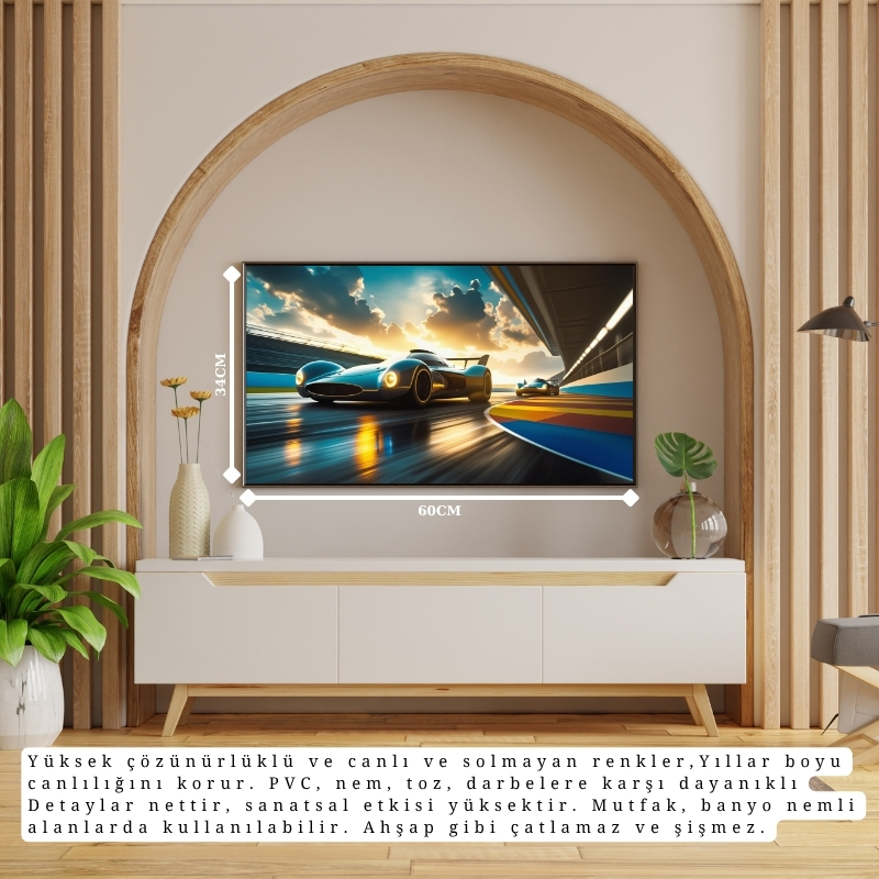 OTOMOBİL TEMALI YARIŞ PİSTİNDE GÜNDOĞARKEN ÇERÇEVESİZ PVC TABLO 60X34 CM