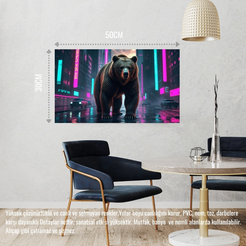 SİBER PUNK DÜNYASINDA HEYBETLİ DURAN AYI NEON IŞIKLAR ALTINDA 02 ÇERÇEVESİZ 50X30 CM PVC TABLO