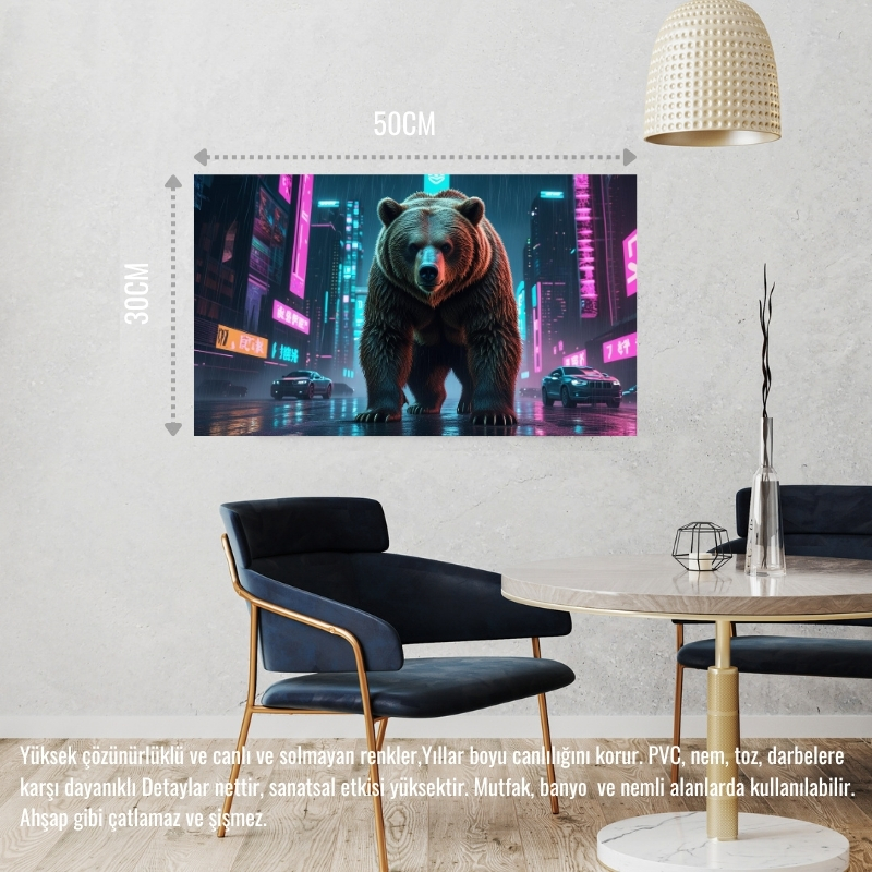 SİBER PUNK DÜNYASINDA HEYBETLİ DURAN AYI NEON IŞIKLAR ALTINDA 03 ÇERÇEVESİZ 50X30 CM PVC TABLO