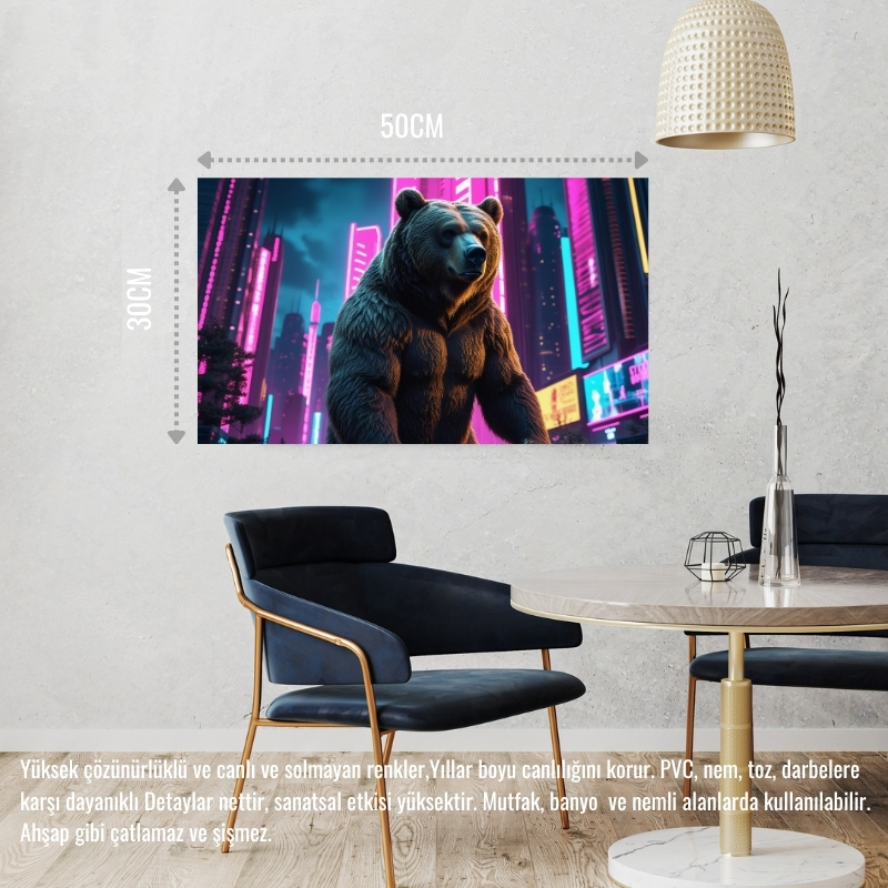 SİBER PUNK DÜNYASINDA HEYBETLİ DURAN AYI NEON IŞIKLAR ALTINDA 04 ÇERÇEVESİZ 50X30 CM PVC TABLO