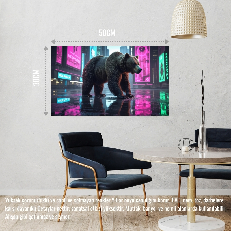 SİBER PUNK DÜNYASINDA HEYBETLİ DURAN AYI NEON IŞIKLAR ALTINDA 05 ÇERÇEVESİZ 50X30 CM PVC TABLO