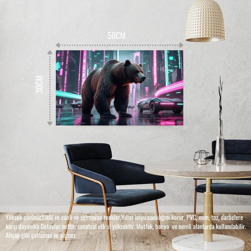 SİBER PUNK DÜNYASINDA HEYBETLİ DURAN AYI NEON IŞIKLAR ALTINDA 06 ÇERÇEVESİZ 50X30 CM PVC TABLO