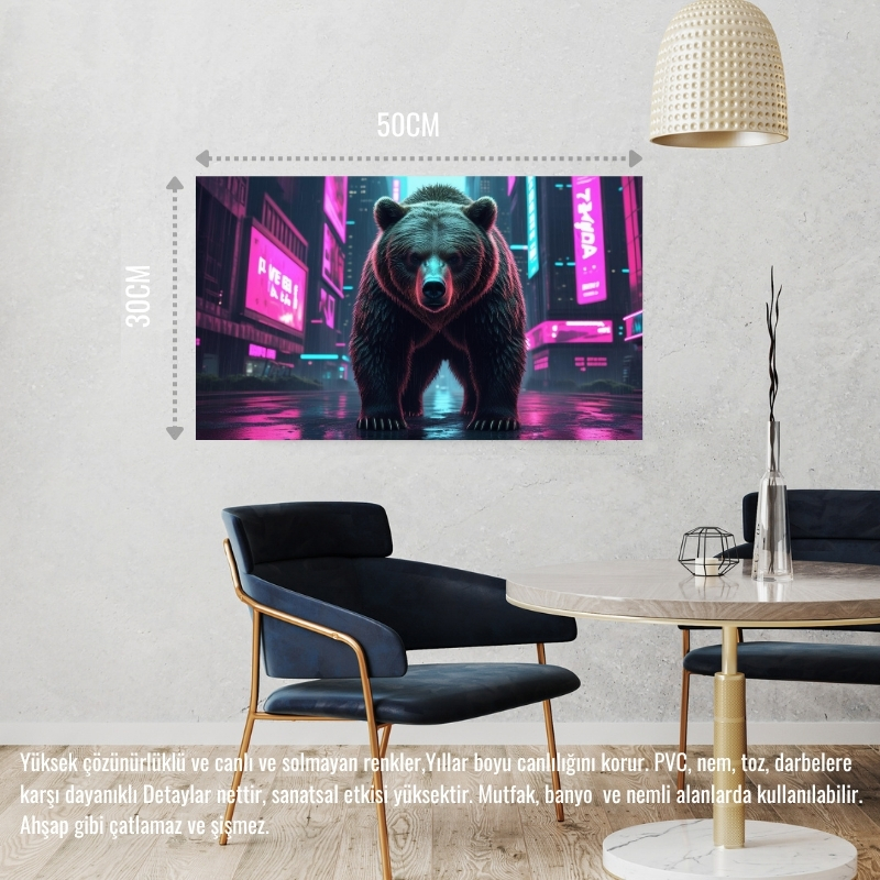 SİBER PUNK DÜNYASINDA HEYBETLİ DURAN AYI NEON IŞIKLAR ALTINDA 07 ÇERÇEVESİZ 50X30 CM PVC TABLO