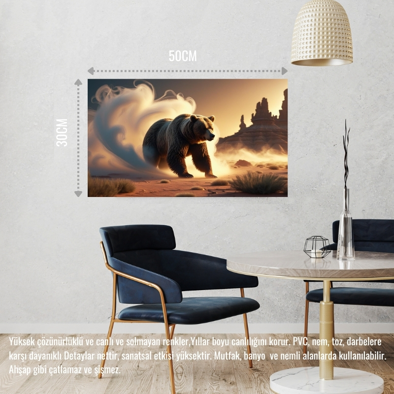 ÇÖLDE SİSİN İÇİNDEN ÇIKAN AYI MİSTİK ATMOSFER 01 ÇERÇEVESİZ 50X30 CM PVC TABLO