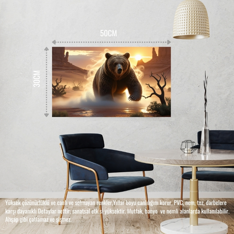 ÇÖLDE SİSİN İÇİNDEN ÇIKAN AYI MİSTİK ATMOSFER 03 ÇERÇEVESİZ 50X30 CM PVC TABLO