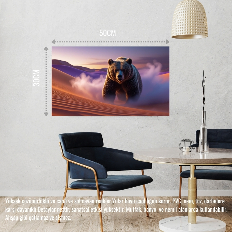 ÇÖLDE SİSİN İÇİNDEN ÇIKAN AYI MİSTİK ATMOSFER 04 ÇERÇEVESİZ 50X30 CM PVC TABLO