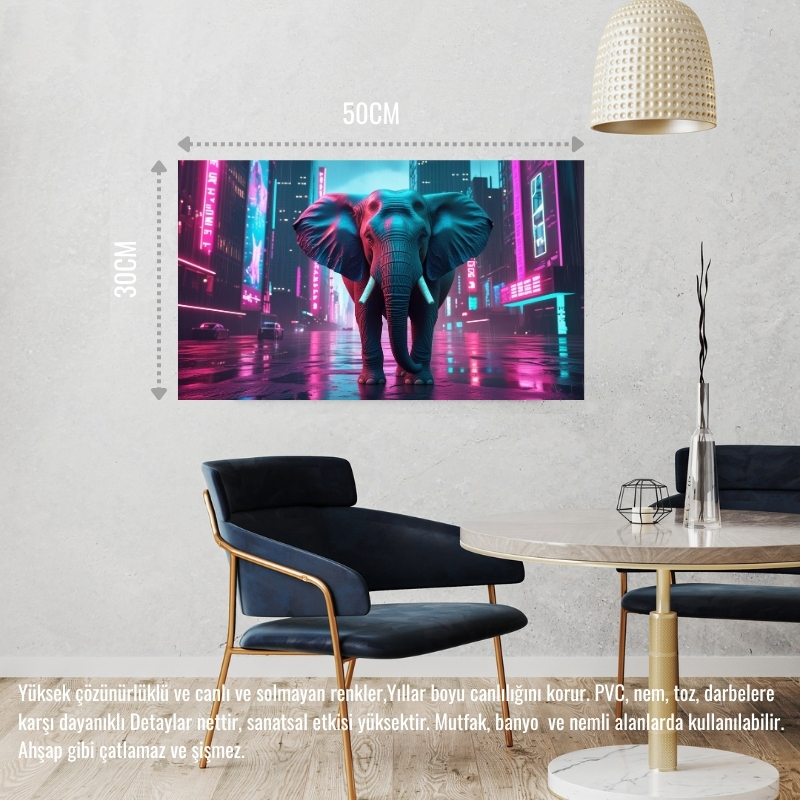 SİBER PUNK DÜNYASINDA HEYBETLİ DURAN FİL NEON IŞIKLAR ALTINDA 03 ÇERÇEVESİZ 50X30 CM PVC TABLO