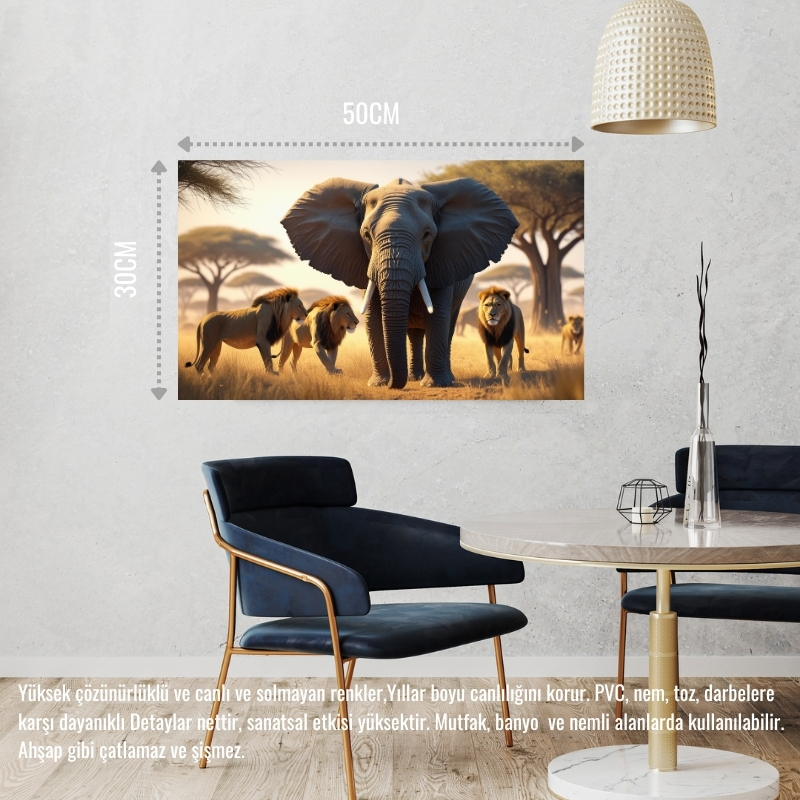 FİL VE ASLANLAR VAHŞİ DOĞADA 01 ÇERÇEVESİZ 50X30 CM PVC TABLO