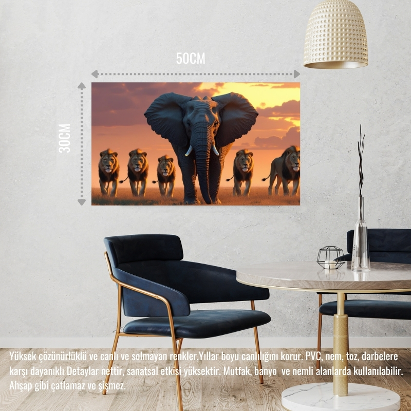 FİL VE ASLANLAR VAHŞİ DOĞADA 04 ÇERÇEVESİZ 50X30 CM PVC TABLO