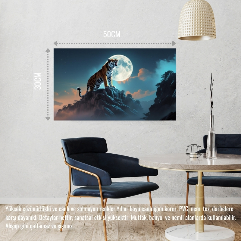 KAPLAN SİSLİ BİR DAĞDA AYA KÜKRÜYOR 03 ÇERÇEVESİZ 50X30 CM PVC TABLO