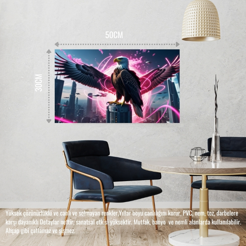 KARTAL FÜTÜRİSTİK BİR ŞEHİRDE NEON PARILTI STİLİ 01 ÇERÇEVESİZ 50X30 CM PVC TABLO