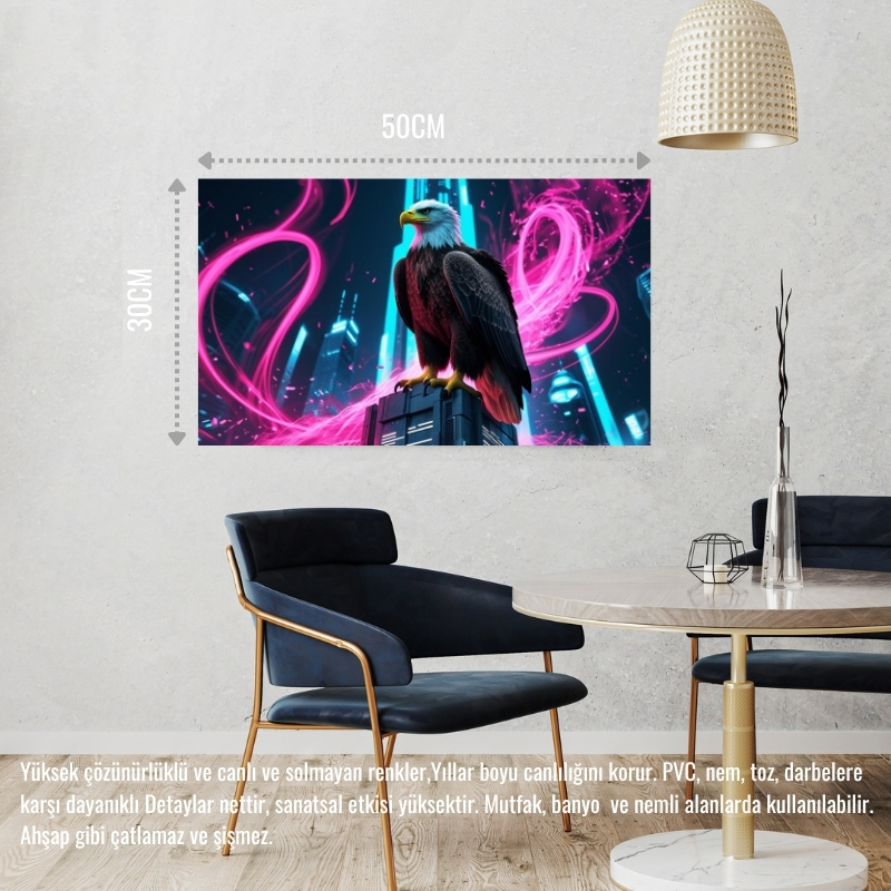 KARTAL FÜTÜRİSTİK BİR ŞEHİRDE NEON PARILTI STİLİ 03 ÇERÇEVESİZ 50X30 CM PVC TABLO