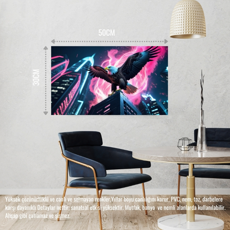 KARTAL FÜTÜRİSTİK BİR ŞEHİRDE NEON PARILTI STİLİ 04 ÇERÇEVESİZ 50X30 CM PVC TABLO