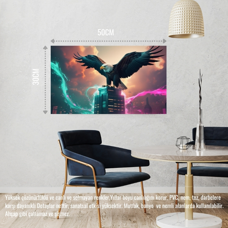 KARTAL FÜTÜRİSTİK BİR ŞEHİRDE NEON PARILTI STİLİ 05 ÇERÇEVESİZ 50X30 CM PVC TABLO