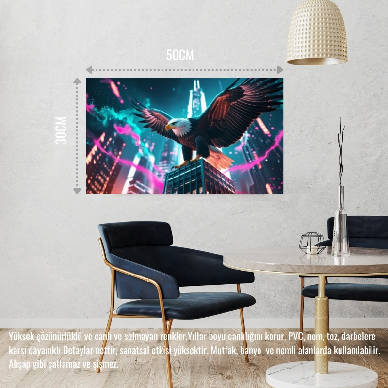 KARTAL FÜTÜRİSTİK BİR ŞEHİRDE NEON PARILTI STİLİ 06 ÇERÇEVESİZ 50X30 CM PVC TABLO