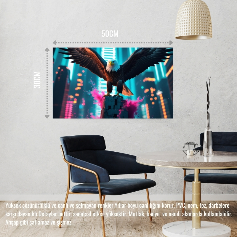 KARTAL FÜTÜRİSTİK BİR ŞEHİRDE NEON PARILTI STİLİ 08 ÇERÇEVESİZ 50X30 CM PVC TABLO