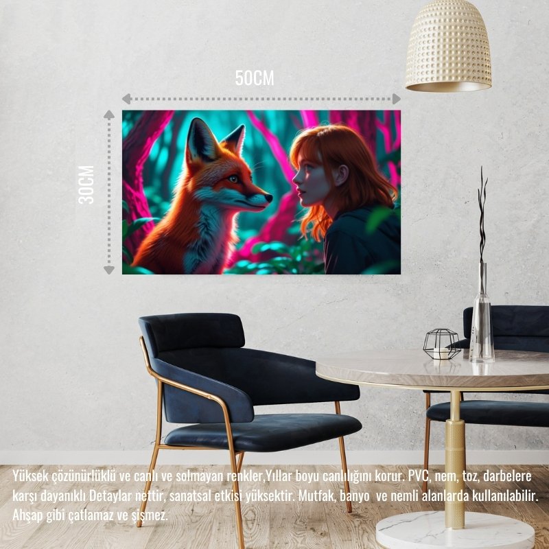 TİLKİ NEON ORMANDA BİR İNSANLA ETKİLEŞİM MİSTİK 01 ÇERÇEVESİZ 50X30 CM PVC TABLO
