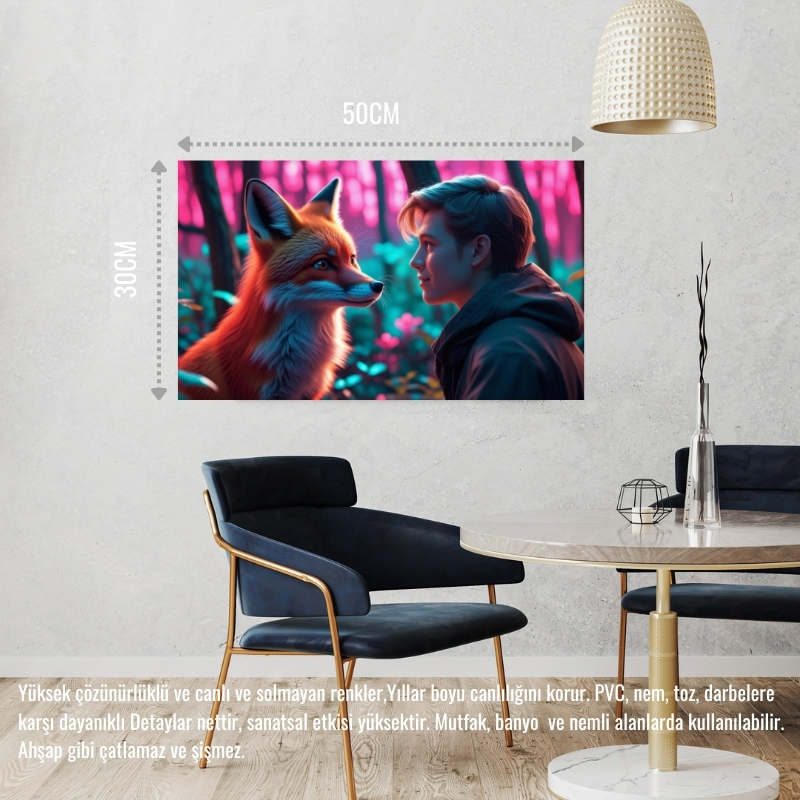 TİLKİ NEON ORMANDA BİR İNSANLA ETKİLEŞİM MİSTİK 02 ÇERÇEVESİZ 50X30 CM PVC TABLO