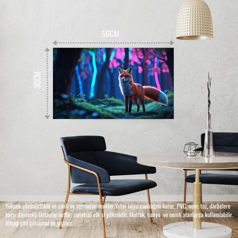 TİLKİ NEON ORMANINDA FANTASTİK 03 ÇERÇEVESİZ 50X30 CM PVC TABLO