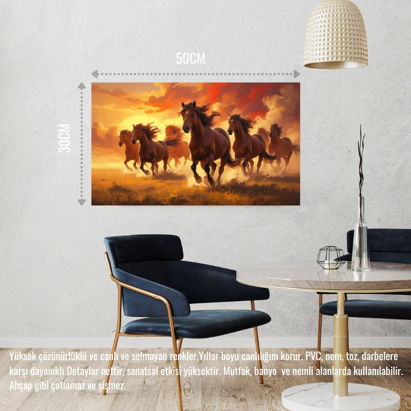 YABANİ ATLAR GÜN BATIMINDA ÇAYIRDA KOŞUYOR 02 ÇERÇEVESİZ 50X30 CM PVC TABLO