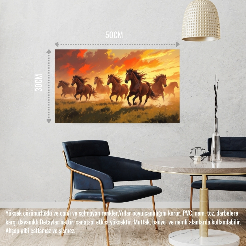 YABANİ ATLAR GÜN BATIMINDA ÇAYIRDA KOŞUYOR 03 ÇERÇEVESİZ 50X30 CM PVC TABLO
