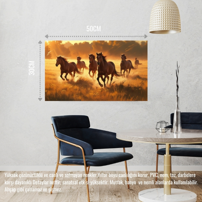 YABANİ ATLAR GÜN BATIMINDA ÇAYIRDA KOŞUYOR 05 ÇERÇEVESİZ 50X30 CM PVC TABLO