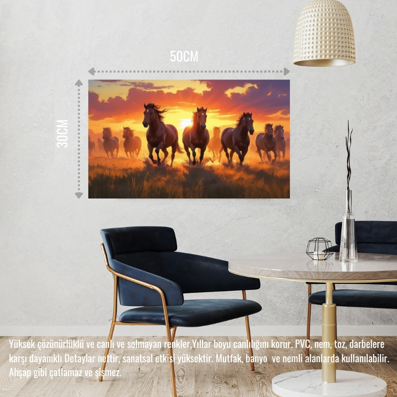 YABANİ ATLAR GÜN BATIMINDA ÇAYIRDA KOŞUYOR 06 ÇERÇEVESİZ 50X30 CM PVC TABLO