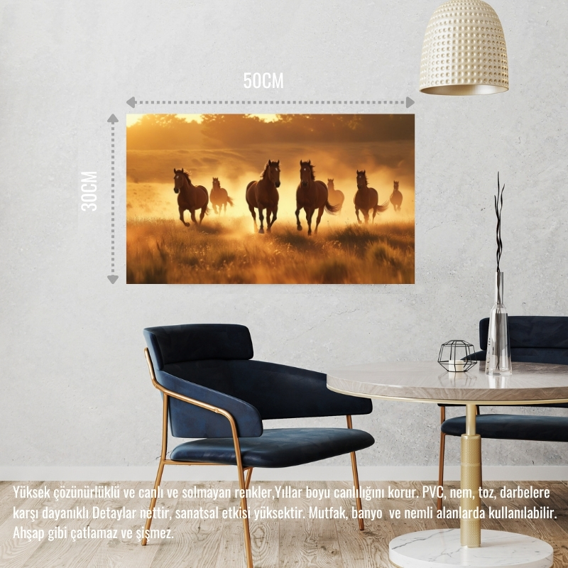 YABANİ ATLAR GÜN BATIMINDA ÇAYIRDA KOŞUYOR 07 ÇERÇEVESİZ 50X30 CM PVC TABLO