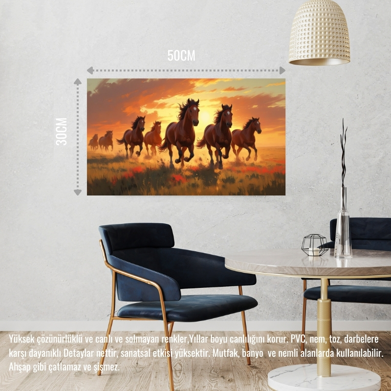 YABANİ ATLAR GÜN BATIMINDA ÇAYIRDA KOŞUYOR 08 ÇERÇEVESİZ 50X30 CM PVC TABLO