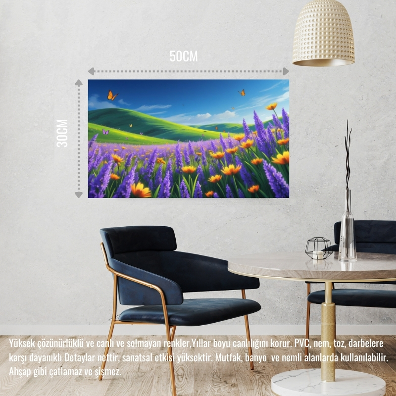 KELEBEKLER YABANİ ÇİÇEKLER İÇİNDE BAHAR HAVASI 03 ÇERÇEVESİZ 50X30 CM PVC TABLO