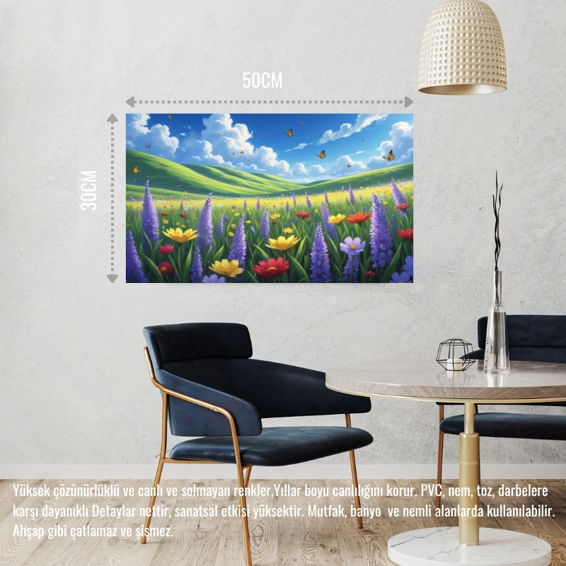 KELEBEKLER YABANİ ÇİÇEKLER İÇİNDE BAHAR HAVASI 07 ÇERÇEVESİZ 50X30 CM PVC TABLO