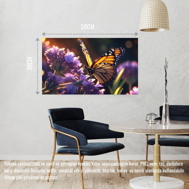 KELEBEK PARLAYAN GÜNEŞ IŞIĞI ALTINDA LAVANTA ÇİÇEĞİNİN ÜZERİNDE DİNLENİYOR 02 ÇERÇEVESİZ 50X30 CM PVC TABLO