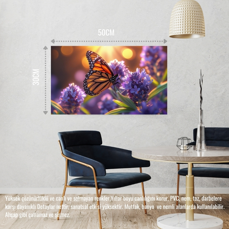 KELEBEK PARLAYAN GÜNEŞ IŞIĞI ALTINDA LAVANTA ÇİÇEĞİNİN ÜZERİNDE DİNLENİYOR 04 ÇERÇEVESİZ 50X30 CM PVC TABLO