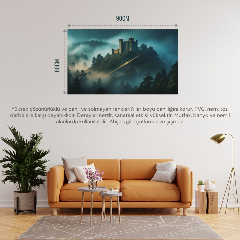 DOĞA VE MANZARA YATAY ANTİK TAŞ KALE ORMAN VE SİSLE ÇEVRİLİ 01 ÇERÇEVESİZ 90X60CM PVC TABLO