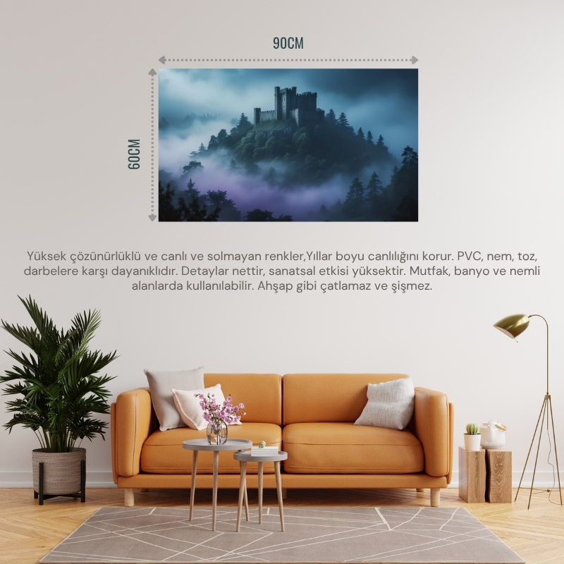 DOĞA VE MANZARA YATAY ANTİK TAŞ KALE ORMAN VE SİSLE ÇEVRİLİ 02 ÇERÇEVESİZ 90X60CM PVC TABLO