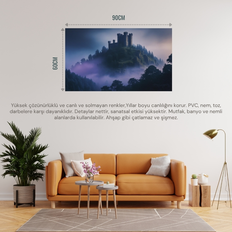 DOĞA VE MANZARA YATAY ANTİK TAŞ KALE ORMAN VE SİSLE ÇEVRİLİ 03 ÇERÇEVESİZ 90X60CM PVC TABLO