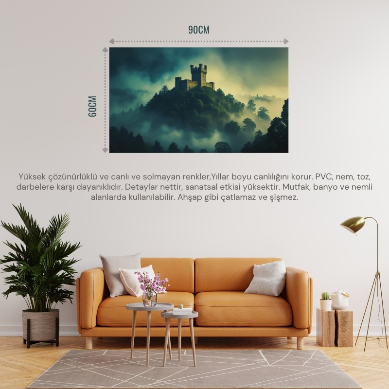 DOĞA VE MANZARA YATAY ANTİK TAŞ KALE ORMAN VE SİSLE ÇEVRİLİ 04 ÇERÇEVESİZ 90X60CM PVC TABLO