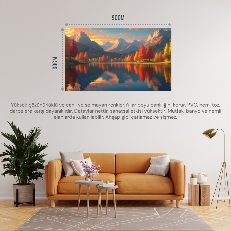 DOĞA VE MANZARA YATAY SAKİN GÖL SONBAHAR TONLARI GERÇEKÇİ DERİNLİĞE SAHİP 01 ÇERÇEVESİZ 90X60CM PVC TABLO