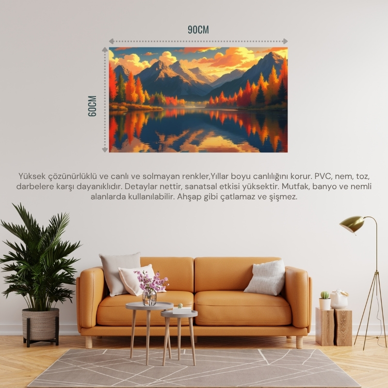 DOĞA VE MANZARA YATAY SAKİN GÖL SONBAHAR TONLARI GERÇEKÇİ DERİNLİĞE SAHİP 02 ÇERÇEVESİZ 90X60CM PVC TABLO