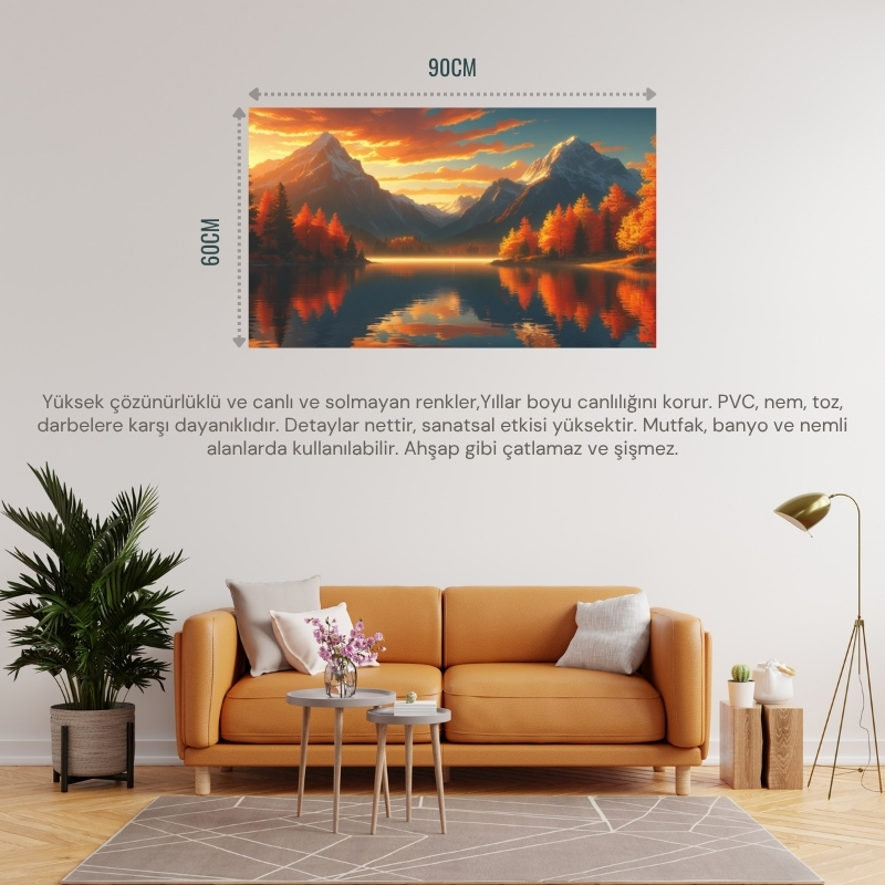 DOĞA VE MANZARA YATAY SAKİN GÖL SONBAHAR TONLARI GERÇEKÇİ DERİNLİĞE SAHİP 03 ÇERÇEVESİZ 90X60CM PVC TABLO