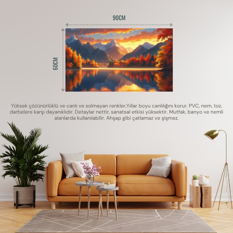 DOĞA VE MANZARA YATAY SAKİN GÖL SONBAHAR TONLARI GERÇEKÇİ DERİNLİĞE SAHİP 04 ÇERÇEVESİZ 90X60CM PVC TABLO
