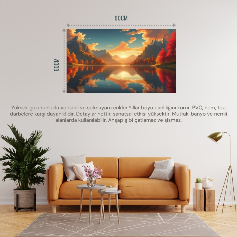 DOĞA VE MANZARA YATAY SAKİN GÖL SONBAHAR TONLARI GERÇEKÇİ DERİNLİĞE SAHİP 05 ÇERÇEVESİZ 90X60CM PVC TABLO