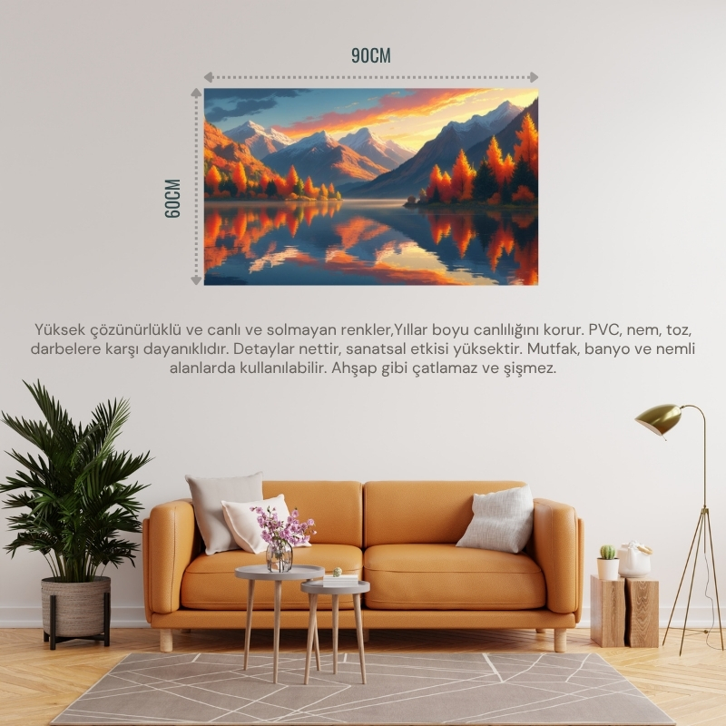 DOĞA VE MANZARA YATAY SAKİN GÖL SONBAHAR TONLARI GERÇEKÇİ DERİNLİĞE SAHİP 06 ÇERÇEVESİZ 90X60CM PVC TABLO