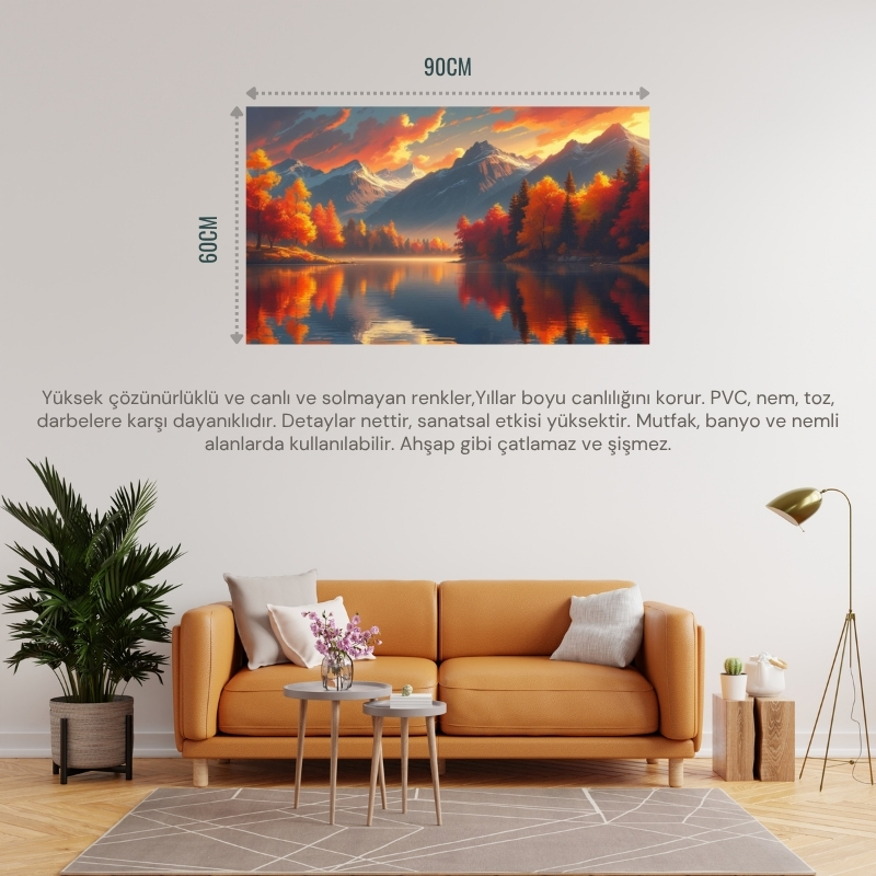 DOĞA VE MANZARA YATAY SAKİN GÖL SONBAHAR TONLARI GERÇEKÇİ DERİNLİĞE SAHİP 07 ÇERÇEVESİZ 90X60CM PVC TABLO