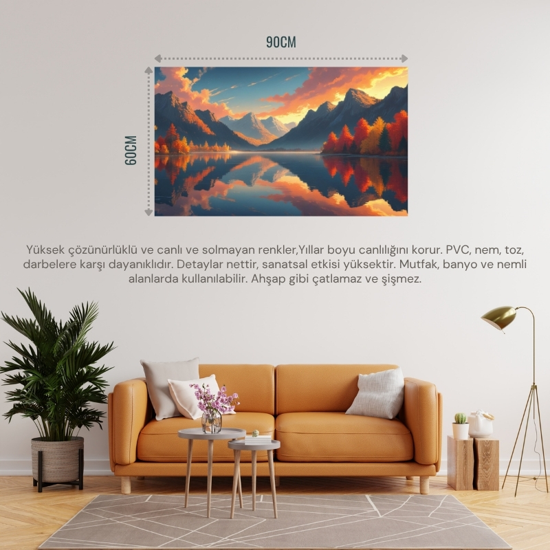 DOĞA VE MANZARA YATAY SAKİN GÖL SONBAHAR TONLARI GERÇEKÇİ DERİNLİĞE SAHİP 08 ÇERÇEVESİZ 90X60CM PVC TABLO