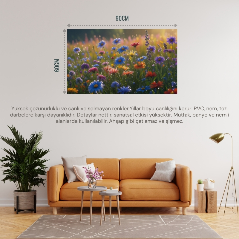 DOĞA VE MANZARA YATAY ÇAYIRDA RENGARENK KIR ÇİÇEKLERİ ÜZERİNDE ÇİYİ 01 ÇERÇEVESİZ 90X60CM PVC TABLO